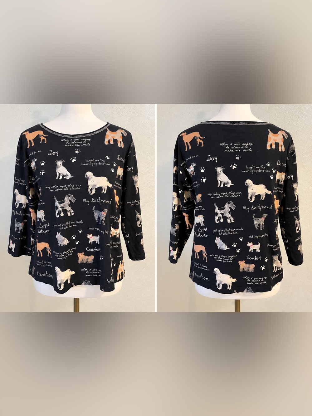 Jess & Jane Black Dog Print Cotton Top Large Long Sleeve Artsy Casual Graphic